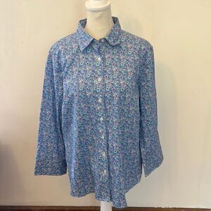 Lands End blue floral button front no iron blouse Size 14 New